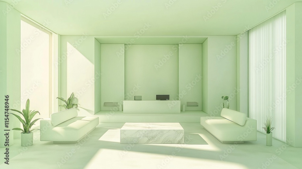 Minimalist pastel green waiting room interior design. Minimalist pastel green waiting room interior design.