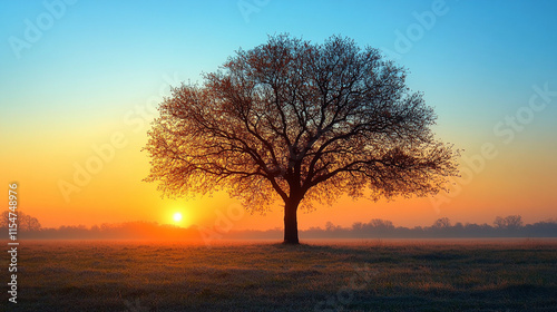 A lone tree silhouette stands against a calm and clear evening sky symbolizing solitude, resilience, and the beauty of nature's quiet moments