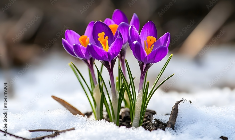 Purple crocuses blooming in the snow. Purple crocuses blooming in the snow.