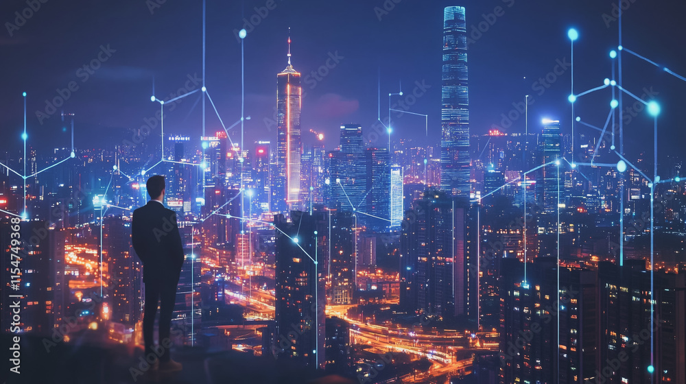 Fototapeta premium Smart digital Innovation city with connection network reciprocity over the cityscape. of future smart wireless city and social media networking systems that connects business people with in city