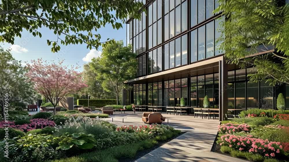 Modern office building featuring lush landscaping with green gardens, seating areas, and clean architectural lines creating professional, welcoming exterior environment with glass and steel facade