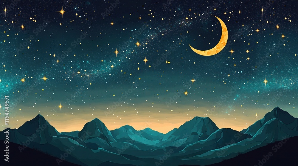 Obraz premium Glowing Moon and Constellations in a Starry Night Sky Landscape
