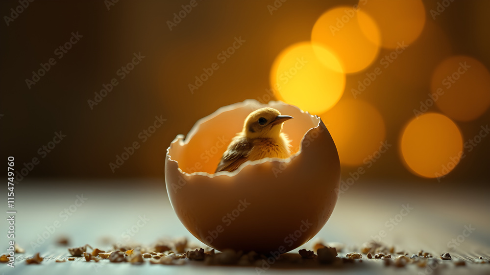 New Beginnings: A tiny chickling peeks out from a broken eggshell, bathed in the warm glow of a golden bokeh. This heartwarming image evokes a sense of vulnerability, hope.