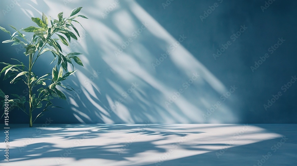 Abstract Blue Wall Background with Plant in Bright Studio Room Abstract Blue Wall Background with Plant in Bright Studio Room