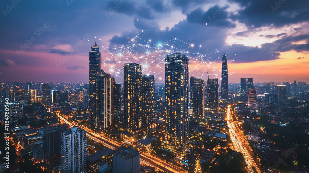 Fototapeta premium Smart digital Innovation city with connection network reciprocity over the cityscape. of future smart wireless city and social media networking systems that connects business people with in city