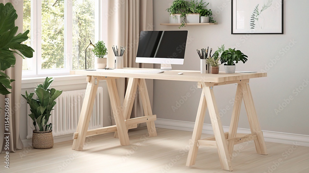 Fototapeta premium Minimalist Timber Desk Mockup in Bright Home Office Setting