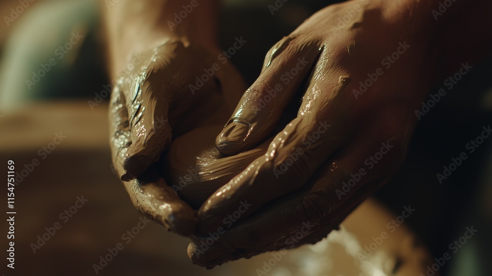 Fototapeta premium Close-up of hands shaping clay on a pottery wheel, rich earthy tones