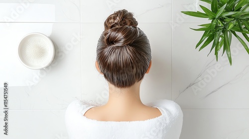 Woman with neat bun relaxing in a spa setting with a candle and plant. photo