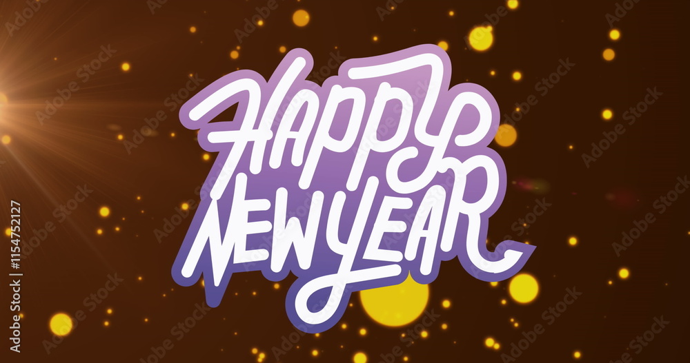 Image of happy new year text over glowing spots falling Image of happy new year text over glowing spots falling