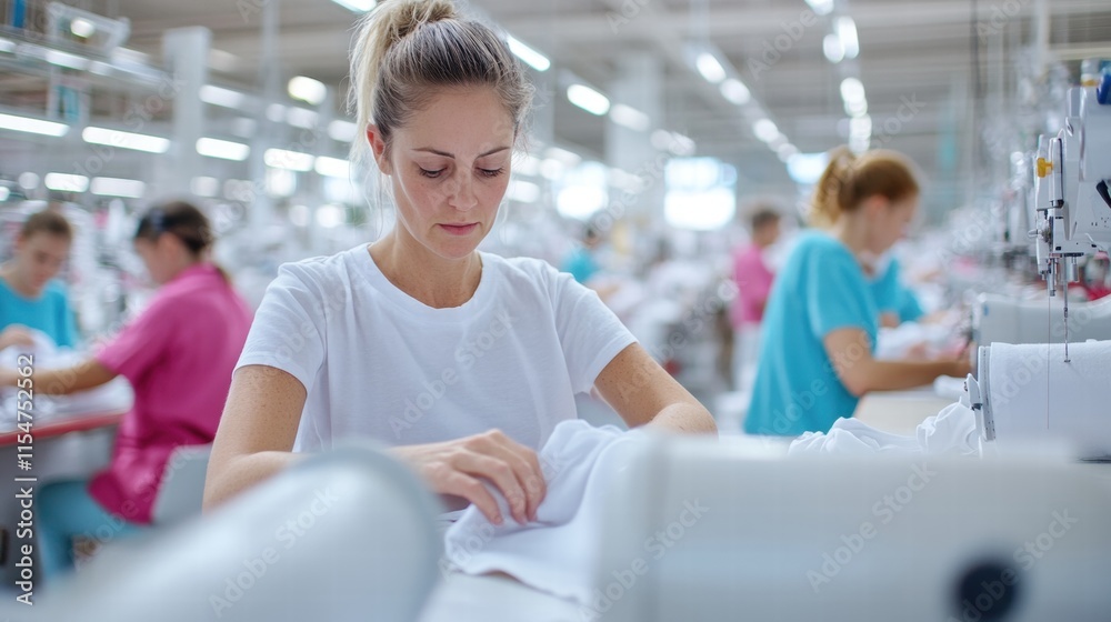 Focused Textile Worker: A woman carefully working in a bustling textile factory, surrounded by sewing machines and fellow workers in the background, highlighting the intricate craftsmanship Focused Textile Worker: A woman carefully working in a bustling textile factory, surrounded by sewing machines and fellow workers in the background, highlighting the intricate craftsmanship