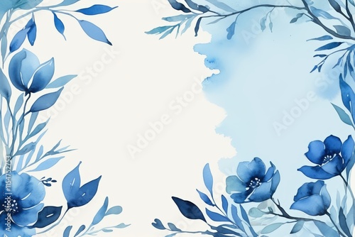 there is a blue flower frame with leaves and flowers on it