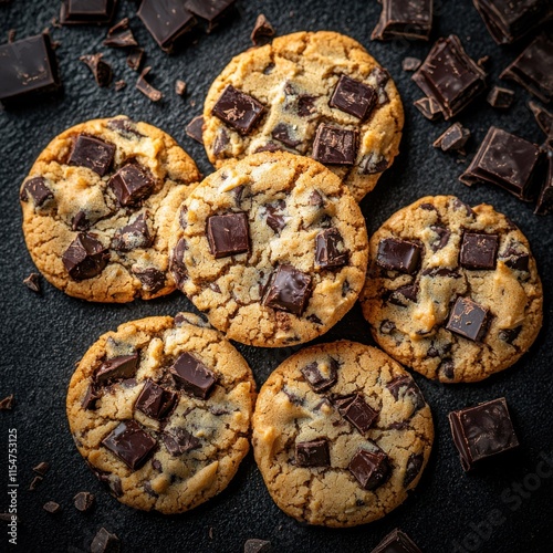 [freshly baked chocolate chip cookies on black surface] Decadent Chocolate Chip Cookies on Black Surface with Fresh Baked Hint of Chocolate Indulgent Sweet Treats Dessert Photography photo