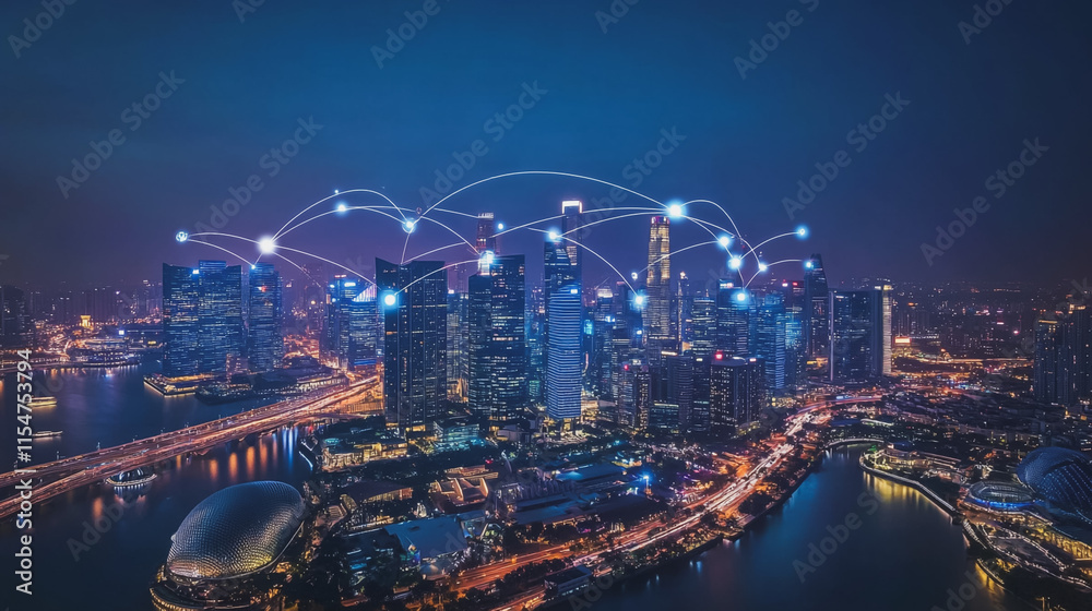 Fototapeta premium Smart digital Innovation city with connection network reciprocity over the cityscape. of future smart wireless city and social media networking systems that connects business people with in city