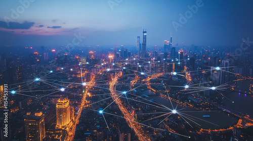 Wallpaper Mural Smart digital Innovation city with connection network reciprocity over the cityscape. of future smart wireless city and social media networking systems that connects business people with in city Torontodigital.ca