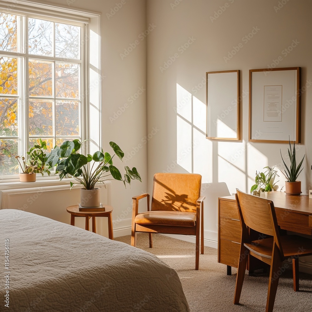 Fototapeta premium [Modern minimalist bedroom with natural lighting] Modern Minimalist Bedroom with Natural Light and Wooden Accents