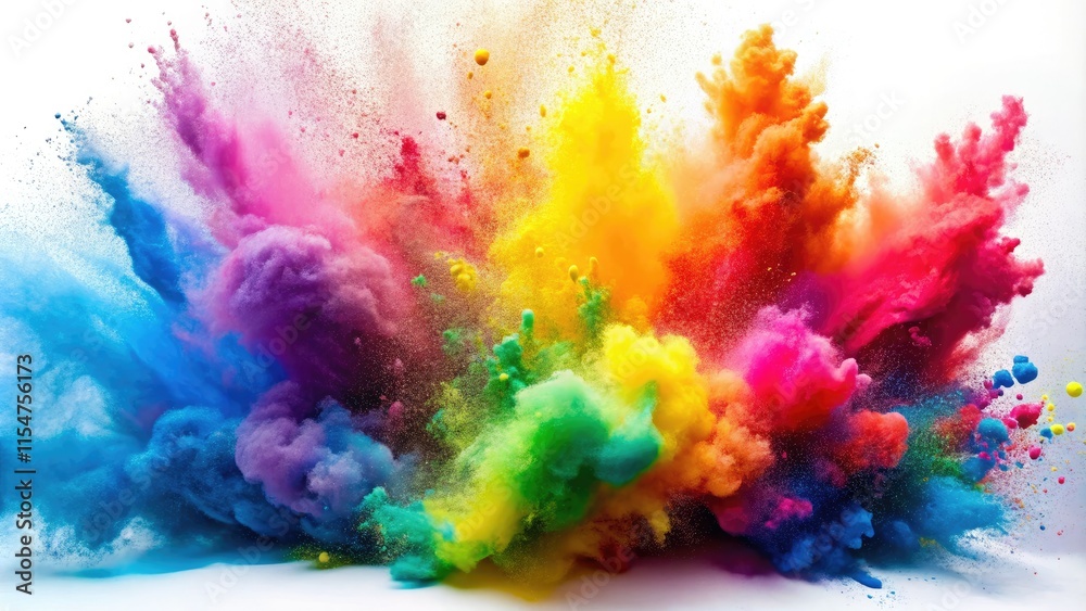 Fototapeta premium A Holi festival's colorful powder explodes; abstract art emerges from the vibrant dust cloud against a white backdrop.