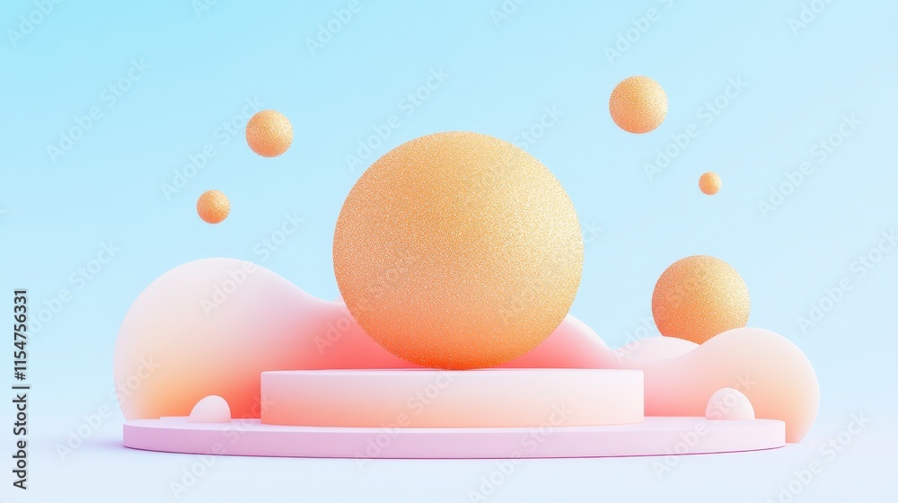 Fototapeta premium A playful 3D composition featuring a textured orange sphere and floating bubbles on a soft pastel background.