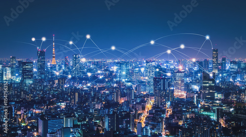 Wallpaper Mural Smart digital Innovation city with connection network reciprocity over the cityscape. of future smart wireless city and social media networking systems that connects business people with in city Torontodigital.ca