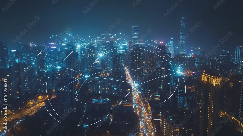 Smart digital Innovation city with connection network reciprocity over the cityscape. of future smart wireless city and social media networking systems that connects business people with in city Smart digital Innovation city with connection network reciprocity over the cityscape. of future smart wireless city and social media networking systems that connects business people with in city