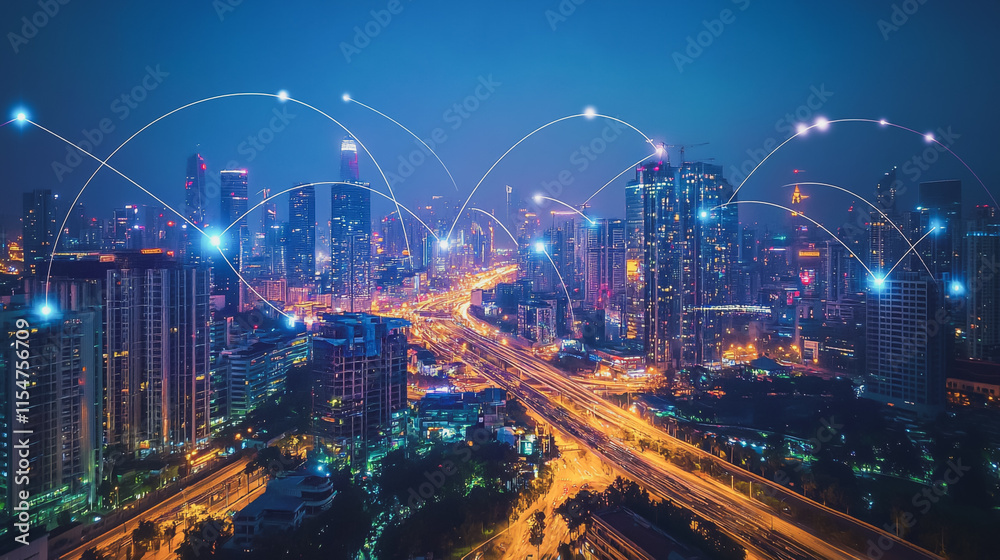 Fototapeta premium Smart digital Innovation city with connection network reciprocity over the cityscape. of future smart wireless city and social media networking systems that connects business people with in city