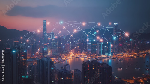 Wallpaper Mural Smart digital Innovation city with connection network reciprocity over the cityscape. of future smart wireless city and social media networking systems that connects business people with in city Torontodigital.ca