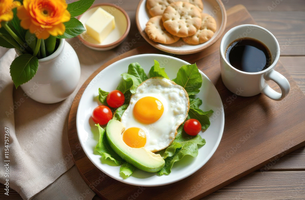 A healthy breakfast featuring fried eggs with lettuce leaves, avocado, and cherry tomatoes on a white plate..Complemented by a cup of black coffee, crackers, and butter on a wooden board. A healthy breakfast featuring fried eggs with lettuce leaves, avocado, and cherry tomatoes on a white plate..Complemented by a cup of black coffee, crackers, and butter on a wooden board.