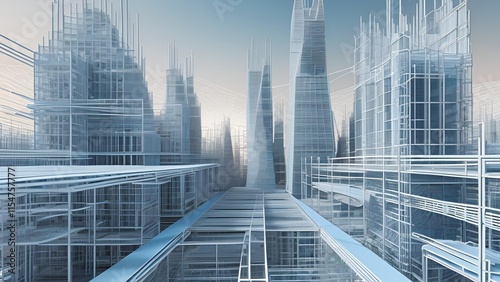 The design showcases a wireframe representation of a city background. This 3D perspective graphics render emphasizes building outlines in a vector format