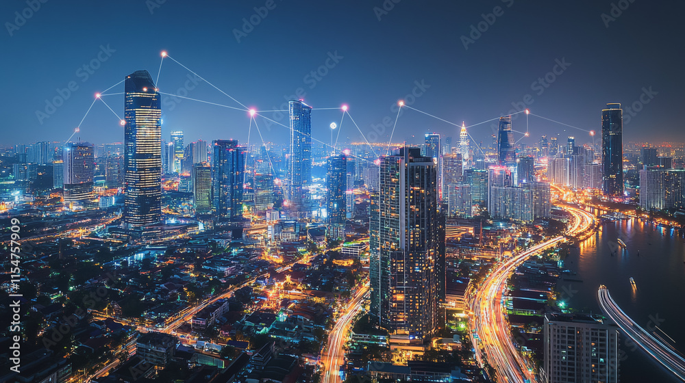 Fototapeta premium Smart digital Innovation city with connection network reciprocity over the cityscape. of future smart wireless city and social media networking systems that connects business people with in city