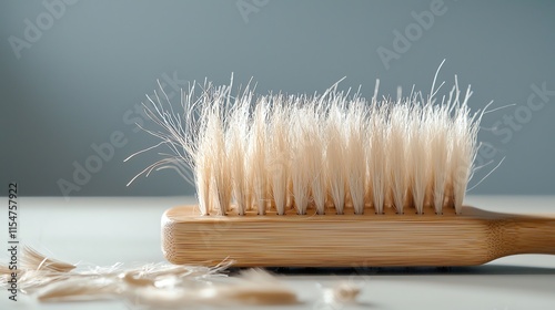Close-up of natural bristle wooden brush on gray background with scattered bristles.