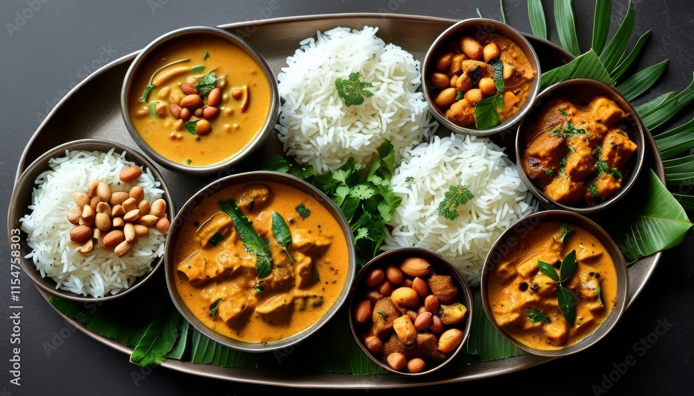 Creamy Massaman Curry Platter with Rice and Nuts in Upscale Presentation Creamy Massaman Curry Platter with Rice and Nuts in Upscale Presentation