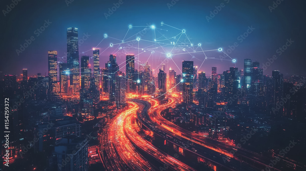 Fototapeta premium Smart digital Innovation city with connection network reciprocity over the cityscape. of future smart wireless city and social media networking systems that connects business people with in city