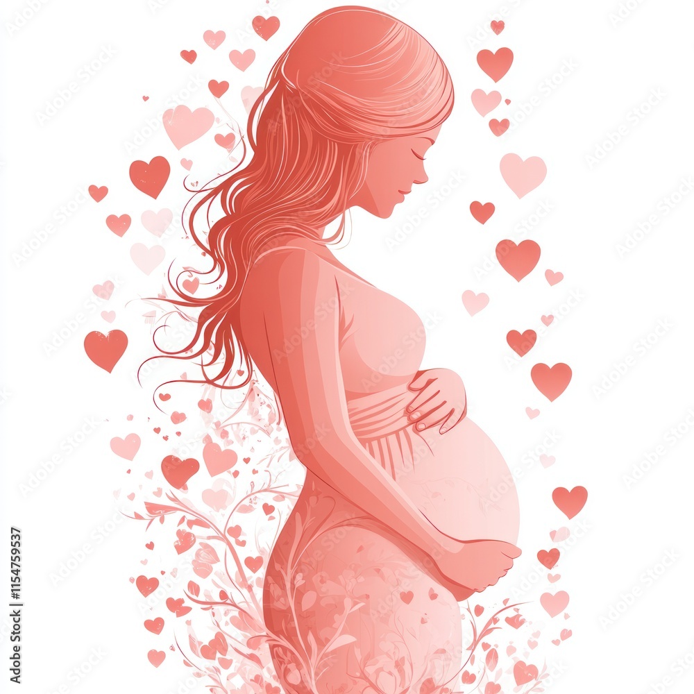 Pregnant woman profile, embracing her belly, surrounded by hearts. Pregnant woman profile, embracing her belly, surrounded by hearts.