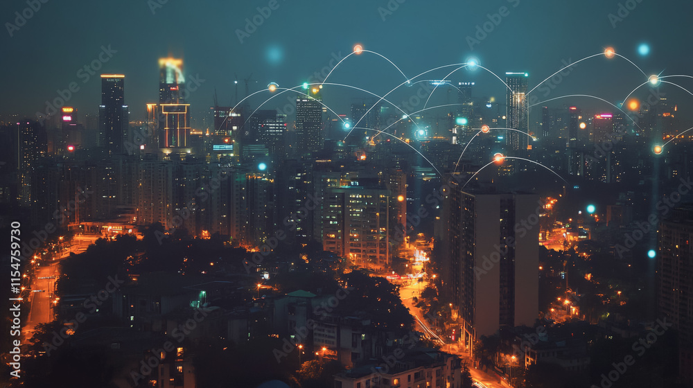 Fototapeta premium Smart digital Innovation city with connection network reciprocity over the cityscape. of future smart wireless city and social media networking systems that connects business people with in city