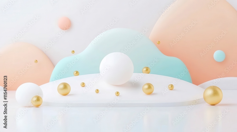 Fototapeta premium A serene and modern composition of pastel shapes and spheres, featuring soft colors and a minimalist aesthetic.
