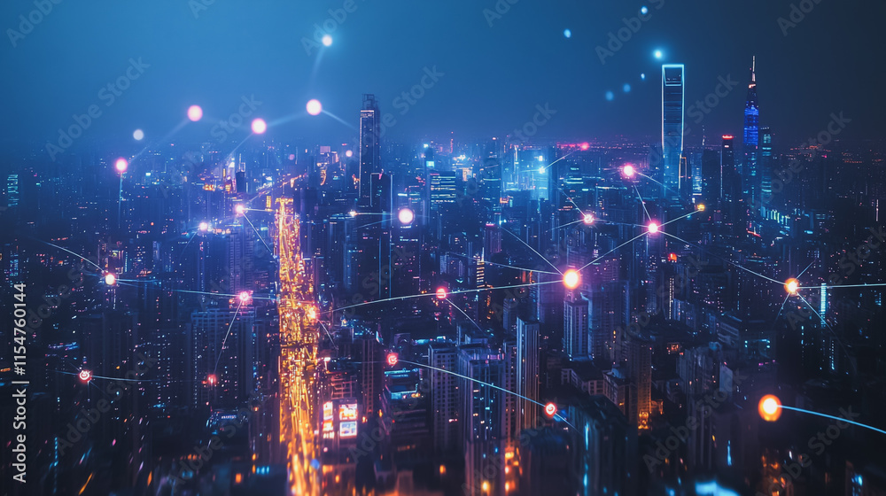 Smart digital Innovation city with connection network reciprocity over the cityscape. of future smart wireless city and social media networking systems that connects business people with in city Smart digital Innovation city with connection network reciprocity over the cityscape. of future smart wireless city and social media networking systems that connects business people with in city
