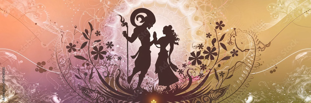 Silhouette of mythical creatures, god and goddess, in ornate floral frame. Silhouette of mythical creatures, god and goddess, in ornate floral frame.