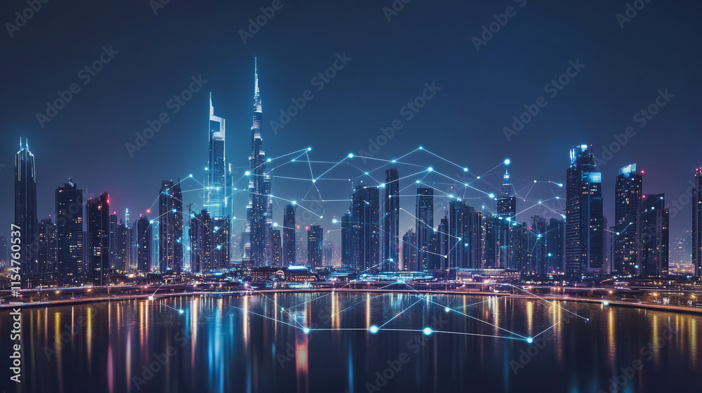 Obraz premium Smart digital Innovation city with connection network reciprocity over the cityscape. of future smart wireless city and social media networking systems that connects business people with in city