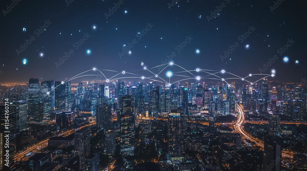 Fototapeta premium Smart digital Innovation city with connection network reciprocity over the cityscape. of future smart wireless city and social media networking systems that connects business people with in city