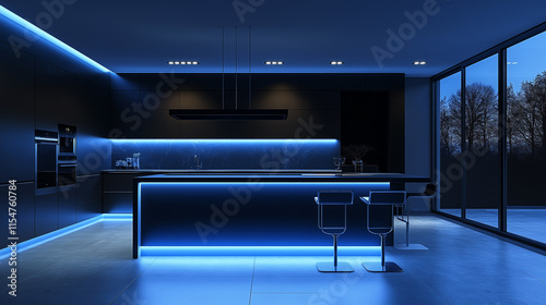 High-Tech Kitchen Setup: A modern smart kitchen with touch-controlled appliances, LED lighting under the counters, and a minimalist black-and-white color scheme, captured with cool lighting tones.