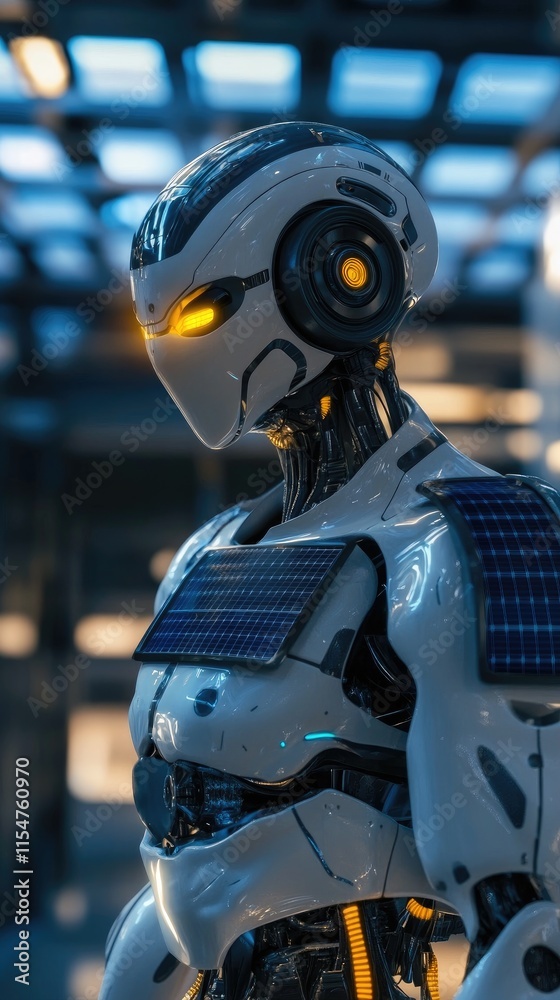 A futuristic robot with solar panels, showcasing advanced technology and design. A futuristic robot with solar panels, showcasing advanced technology and design.