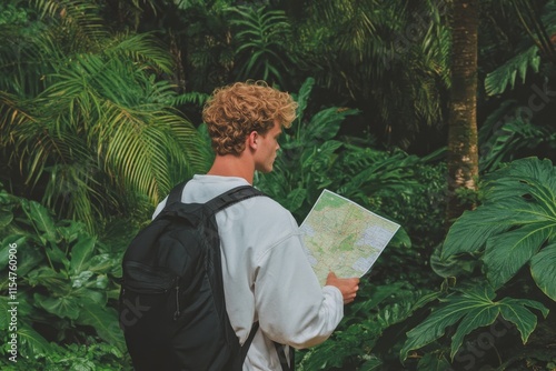 A hiker holding a map at a trailhead, looking determined and ready to begin their journey surrounded by lush greenery photo