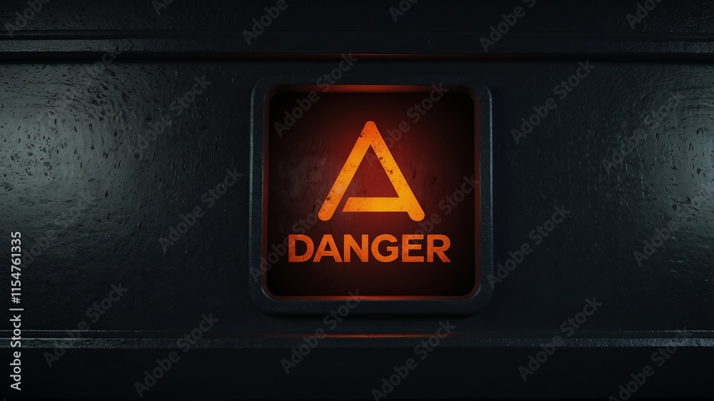 Naklejka premium A glowing red triangular danger sign in a dark environment, representing caution, warnings, and potential hazards.