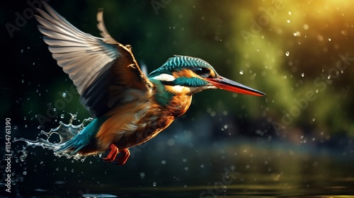 Stunning image of a vibrant kingfisher diving headfirst into a clear flowing river to catch a fish  The bird s graceful dynamic motion and the splash of water create an energetic
