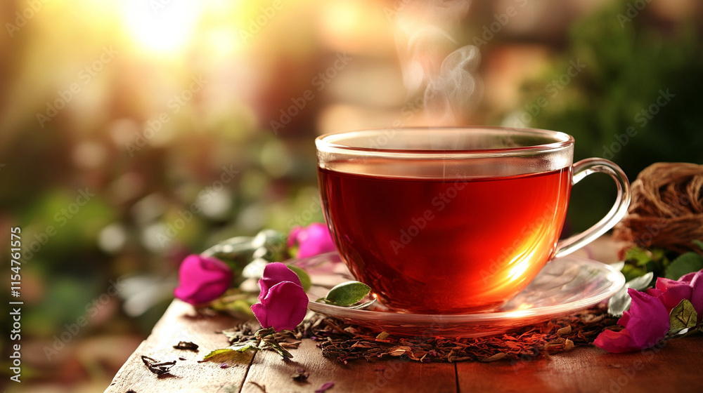 A single empty cup of tea with steam rising symbolizing the fleeting nature of comfort and quiet moments, with blurred caption space on the side

