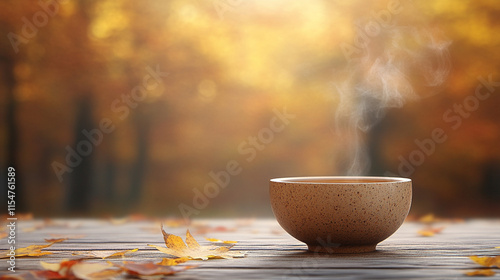 single empty cup of tea with steam rising from it, symbolizing the fleeting nature of comfort and peaceful moments, with blurred space on the side to evoke a sense of quiet and impermanence