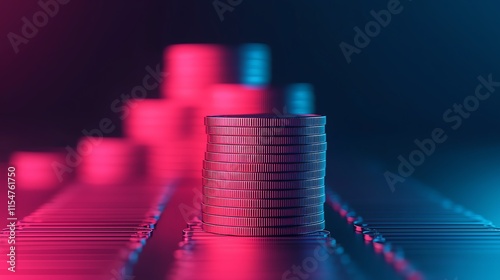 A digital depiction of stacked coins illuminated in vibrant pink and blue hues, suggesting themes of finance and technology. photo