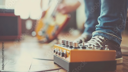 Close-up of musician's foot on guitar pedal during rehearsal.