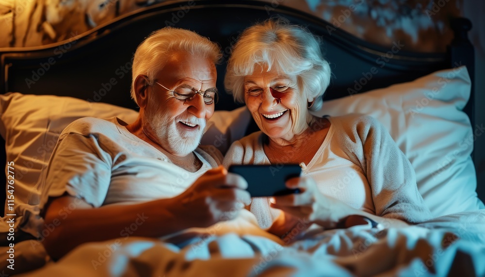 Obraz premium Joyful Elderly Couple Enjoying Smartphone Together in Cozy Bedroom Setting at Night