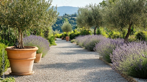 A serene Mediterranean garden with gravel pathways, olive trees, and terracotta pots filled with lavender, sunlight casting soft shadows, minimalist dry landscape design, 
