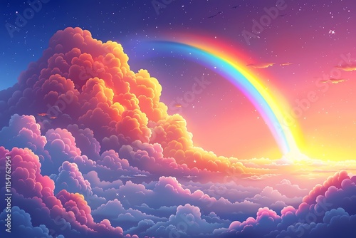 Magical rainbow arching over vibrant sunset cloudscape.